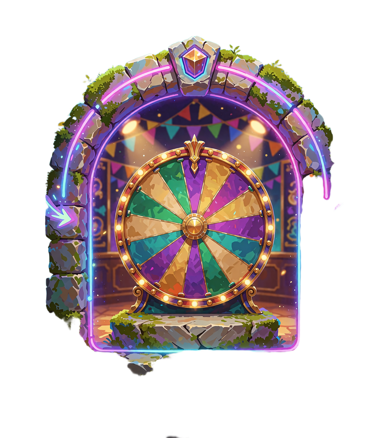 Stort pr&aelig;miehjul med farvede felter i en stenportal med neonlys - live game shows hos Wild Chance