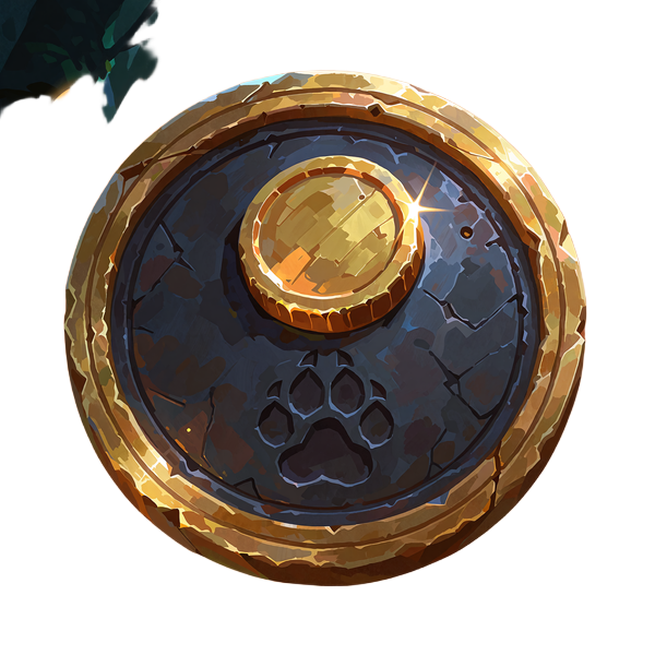 Guldmedaljon med en guldm&oslash;nt pr&aelig;get med et l&oslash;vepote-aftryk - symbol for bonus og spil