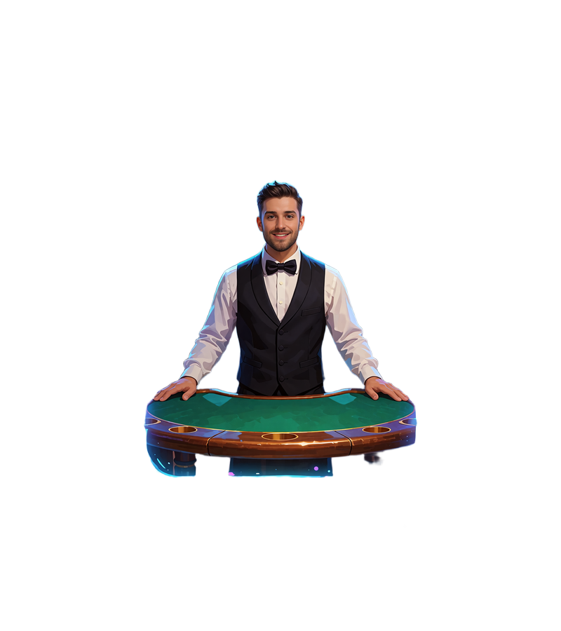 Dealer i vest og butterfly ved et gr&oslash;nt kortbord i en stenportal - live blackjack fra Ezugi